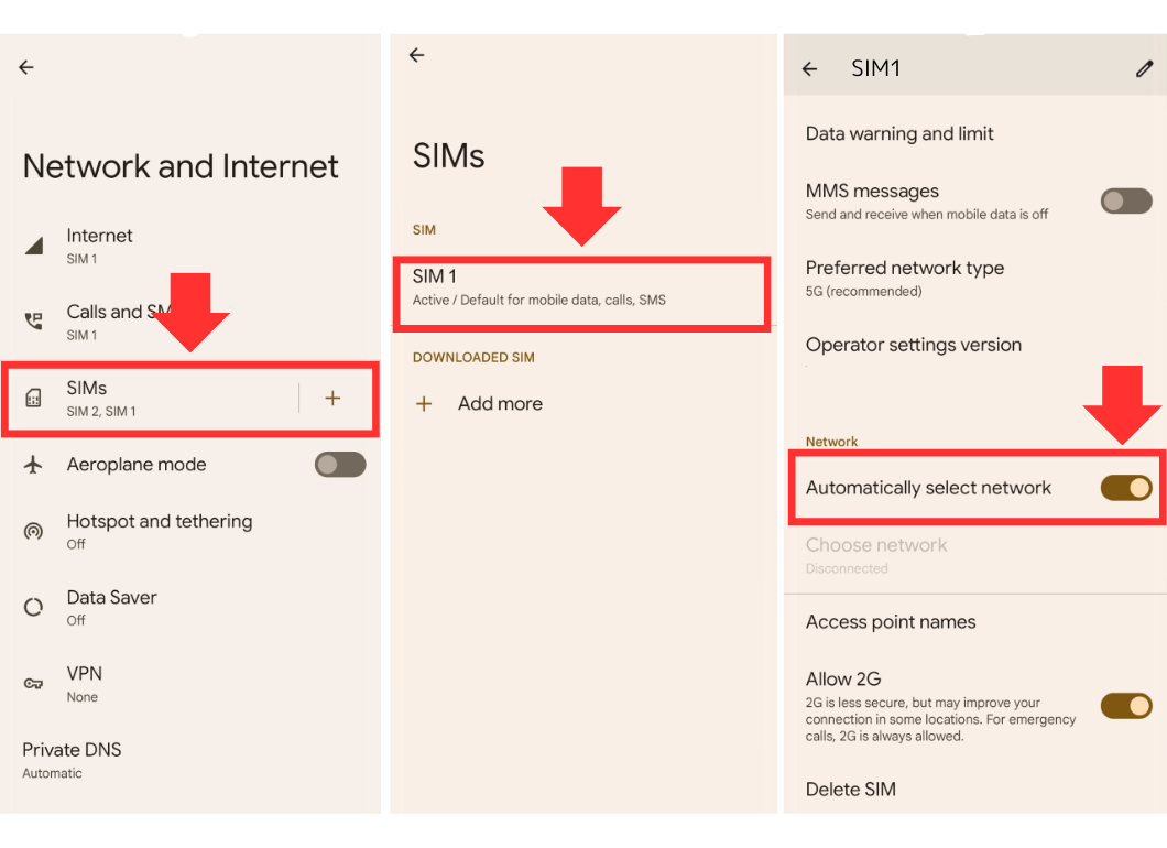 Android network selection