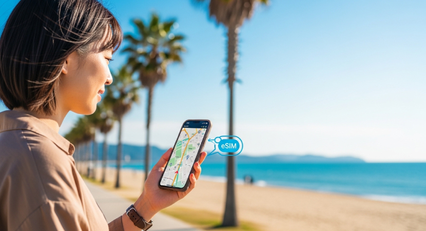 海辺に立つ日本人観光客