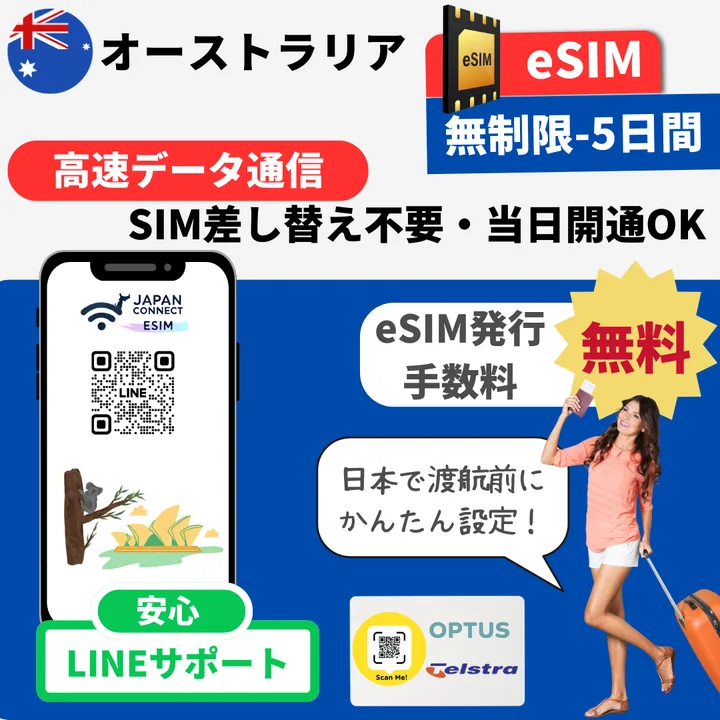 オーストラリアeSIM 無制限プラン(Optus・Telstra回線)- JapanConnect eSIM