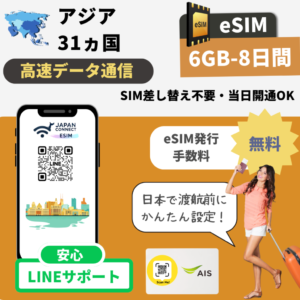 アジア周遊31ヵ国 | eSIM | 6GB/8日間 | 2,680円 | 高速データ通信 (TGT)