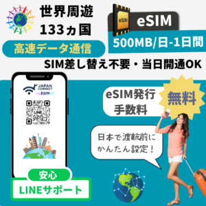 世界周遊133ヵ国 | eSIM | グローバル |  500MB-1GB/日 | 1-30日間