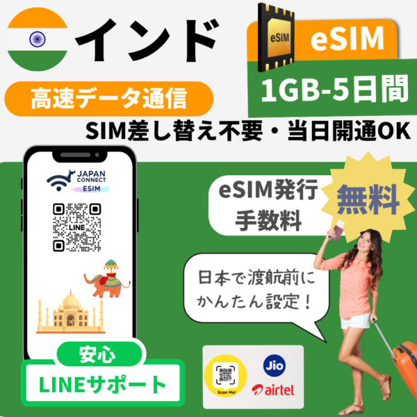 インド | eSIM | 1GB-20GB | 5日-30日間 | 高速データ通信