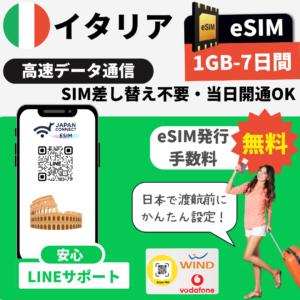 イタリア | eSIM | 1GB-30GB | 7日-30日間 | 高速データ通信