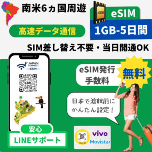 南米6ヵ国（南アメリカ周遊） | eSIM | 1GB-30GB | 5日-30日間 | 高速データ通信