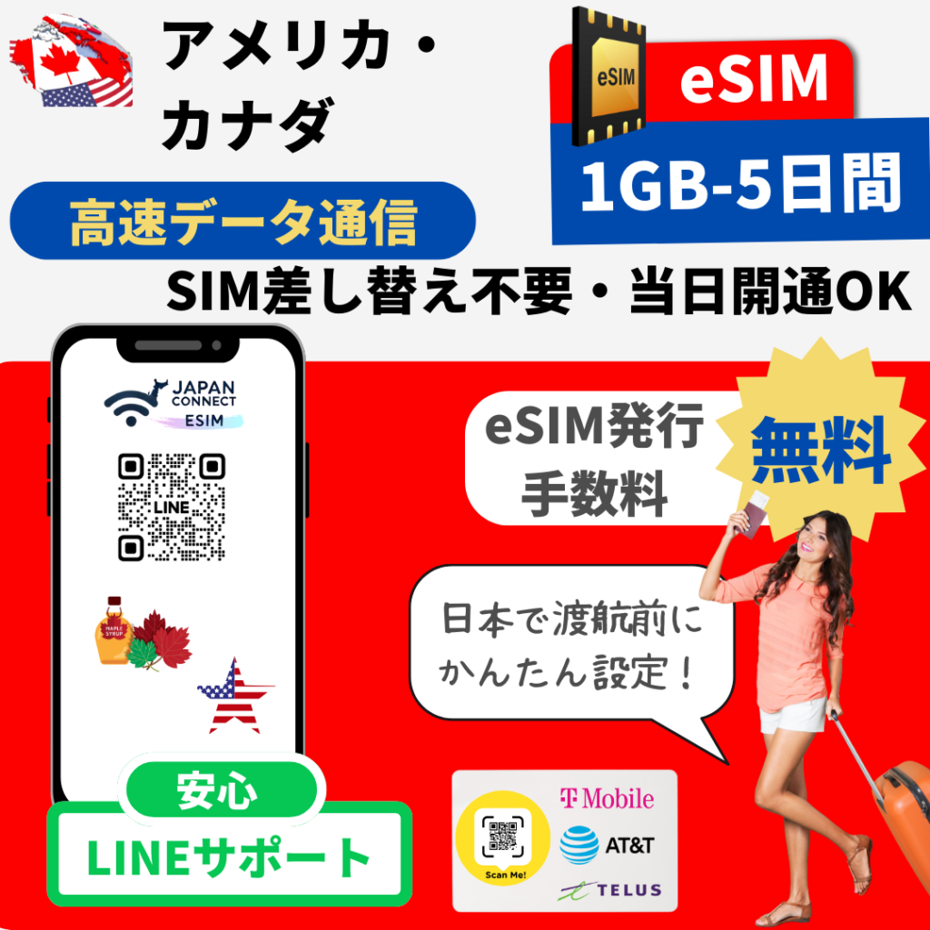 アメリカ・カナダ | eSIM | 1GB-30GB | 無制限 | 1日-30日間 | 高速データ通信