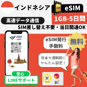 インドネシア | eSIM | 1GB-30GB | 無制限 | 5日-30日間 | 高速データ通信