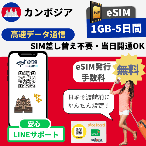 カンボジア | eSIM | 1GB-30GB | 5日-30日間 | 高速データ通信
