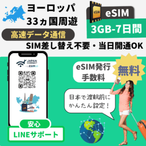 ヨーロッパ周遊33ヵ国 | eSIM | 3GB-50GB | 無制限 | 1日-30日間 | 高速データ通信